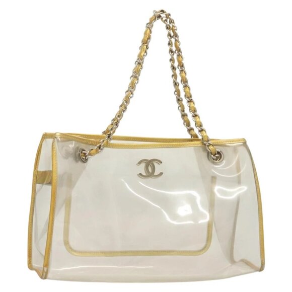 CHANEL Chain Tote Bag Vinyl Leather Clear Gold Silver CC - Picture 1 of 14